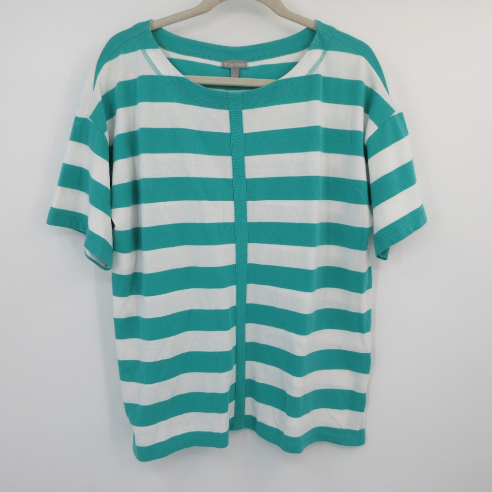 T by Talbots Womens Teal White Striped Cotton Pique Short Sleeve Top Large